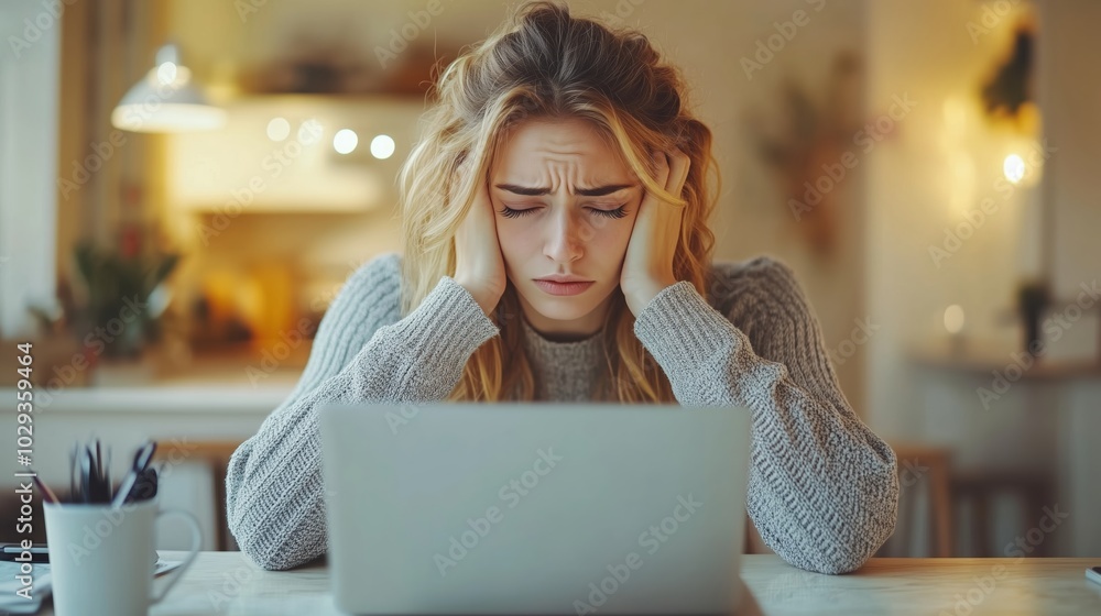Stressed Office Worker Woman Holding Head in Pain While Working on Laptop at Desk Stressed Office Worker Woman Holding Head in Pain While Working on Laptop at Desk