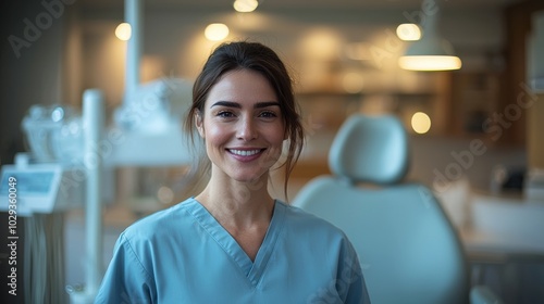 Smiling dental professional in scrubs standing in a well-lit clinic room, ready to assist patients at a dental office