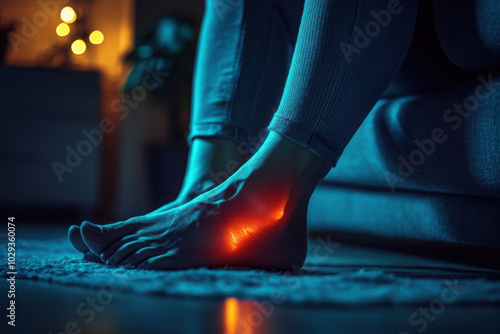 Plantar fasciitis. Tingling and burning sensation in Asian man's foot. Sensory neuropathy problems. Foot nerve problems.