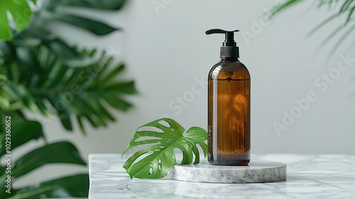 Amber Bottle with Pump Dispenser and Green Leaf on a Marble Surface