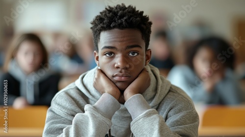 Teenage Black male student face hidden, classroom, blurred peers, social anxiety.