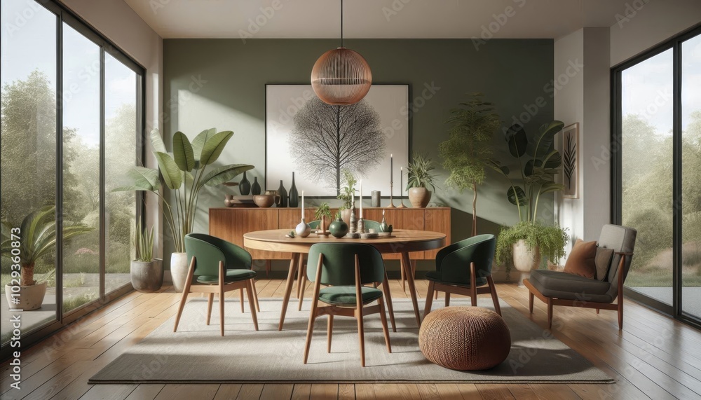 Fototapeta premium Mid-century modern dining room, sage green walls, wooden round table, upholstered green chairs, large pendant light, wooden sideboard, indoor plants, floor-to-ceiling windows, nature view, black and w