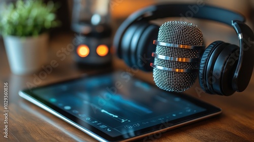 A microphone and headphones beside a tablet, suggesting audio recording or podcasting.