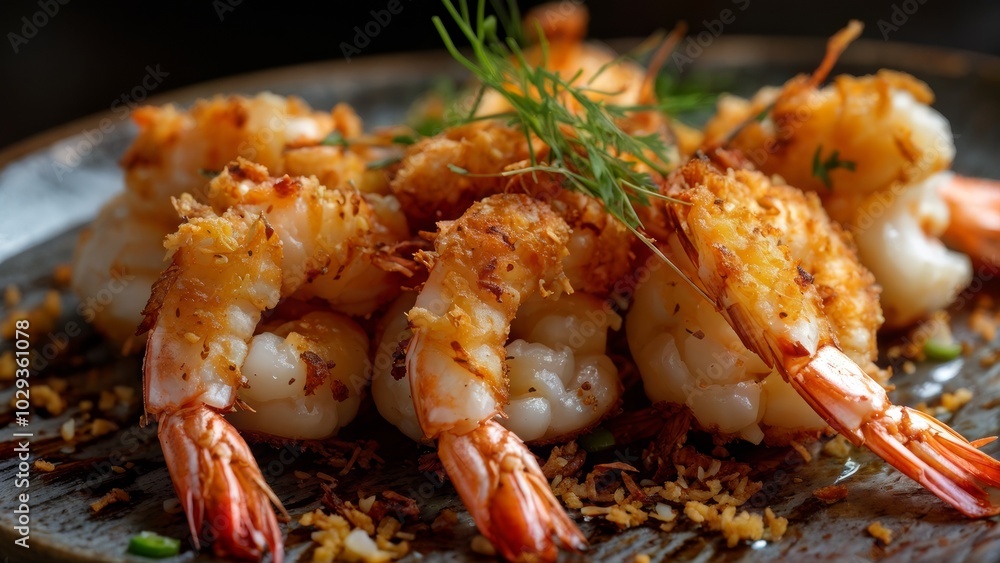 Shrimp in crispy breading on a black stone plate. Shrimp in crispy breading on a black stone plate.