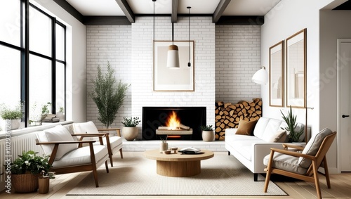 Cozy modern living room, minimalist Scandinavian design, white brick walls, large windows, natural light, fireplace with stacked firewood, comfortable white sofa, wooden armchair, round wooden coffee 