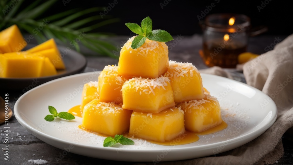 Mango slices with coconut cooked in a deep fryer, German dessert. Mango slices with coconut cooked in a deep fryer, German dessert.