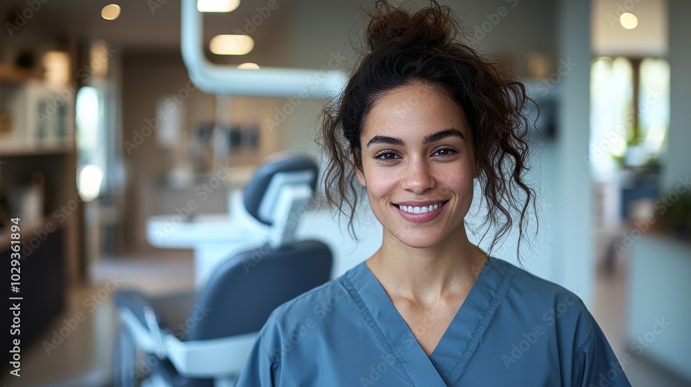 Naklejka premium Healthcare professional smiling in a modern clinic during the daytime while preparing to assist patients