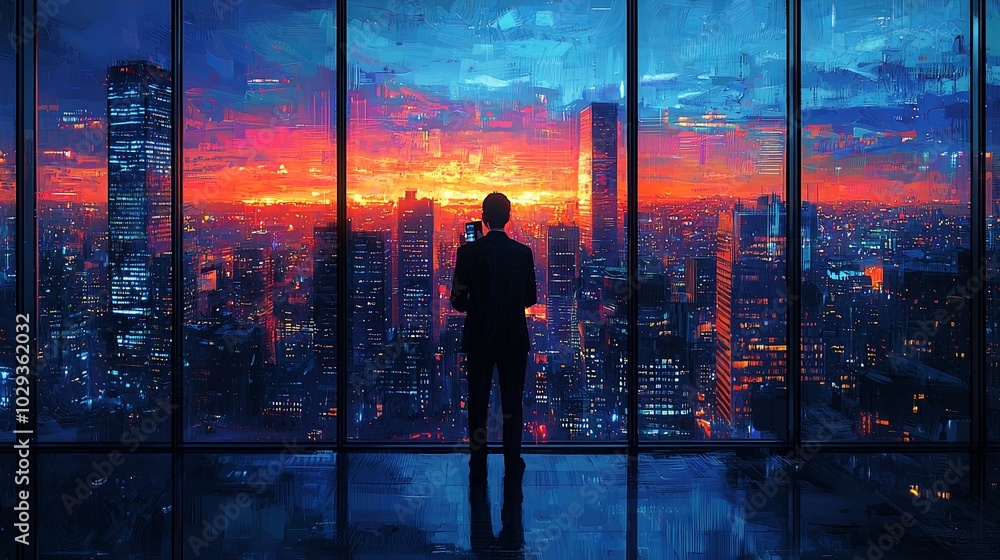 Businessman in skyscraper office overlooking sunset city skyline Businessman in skyscraper office overlooking sunset city skyline