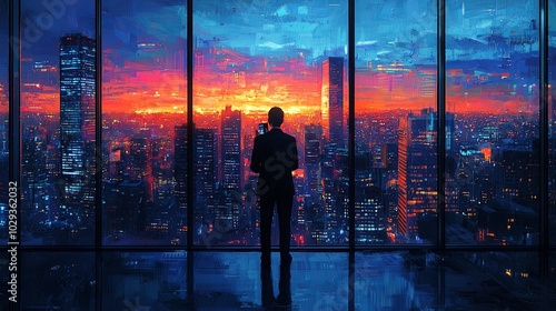 Businessman in skyscraper office overlooking sunset city skyline