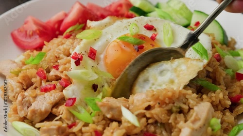 Eating Nasi goreng, fried rice with chicken and egg in Indonesia style. Asian food