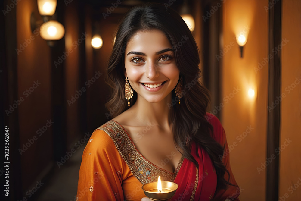 Portrait of a hindi woman holding Diwali oil lamp in traditional indian saree celebrating diwali, festival of lights Portrait of a hindi woman holding Diwali oil lamp in traditional indian saree celebrating diwali, festival of lights