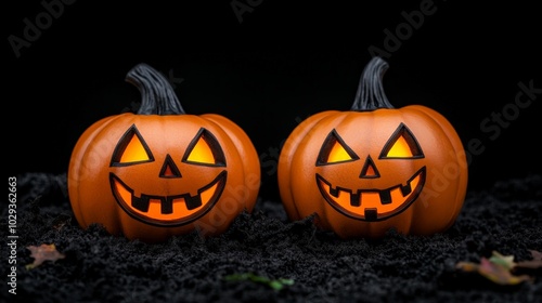 Smiling Jack-o'-lanterns: Two grinning jack-o'-lanterns illuminate the darkness, creating a spooky yet playful Halloween scene. Perfect for autumnal greetings and festive celebrations. 