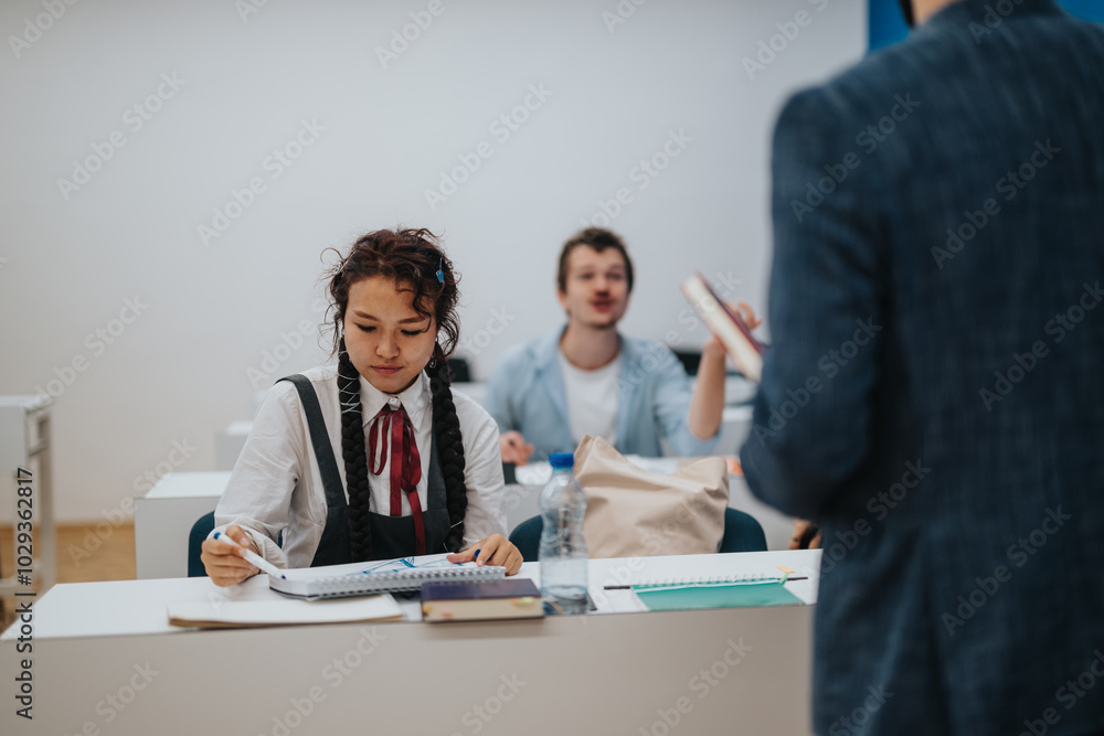 Obraz premium Students are actively working on assignments in a classroom setting, as the professor provides guidance and support. The atmosphere is focused and collaborative, highlighting the educational