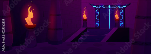 Vector interior of the dungeon with ancient stone columns and a door with glowing symbols