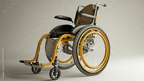 A modern, sleek wheelchair featuring a unique yellow frame and large wheels, designed for enhanced mobility and comfort.