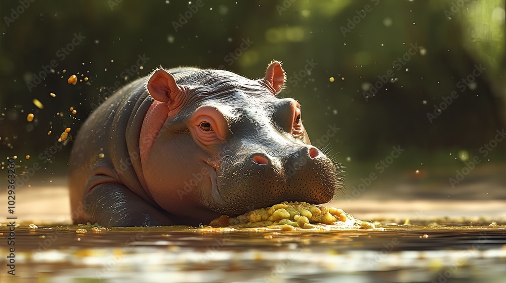 Fototapeta premium A baby red-cheeked hippo is enjoying a delicious meal.