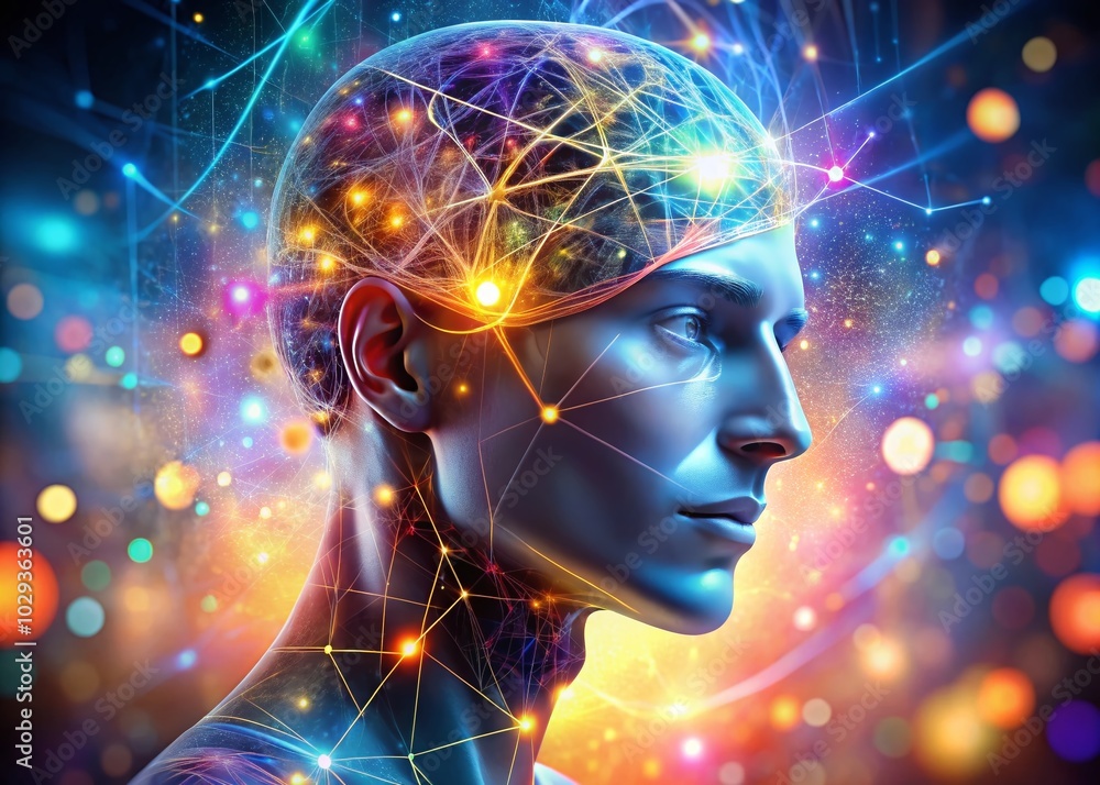 Futuristic Human Face with Glowing Neural Connections and Bokeh Effect Futuristic Human Face with Glowing Neural Connections and Bokeh Effect