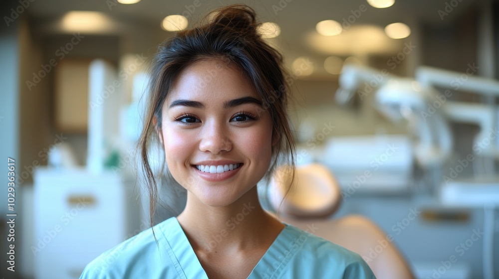 Fototapeta premium A young healthcare professional smiles brightly in a dental clinic, showcasing a warm and welcoming atmosphere during the morning hours