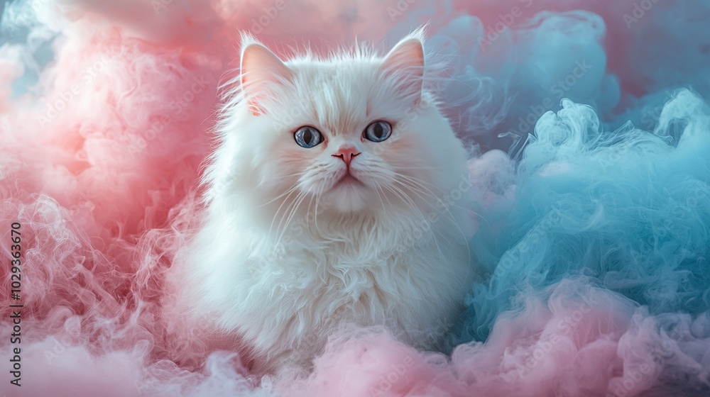 Φωτογραφία A fluffy white cat with blue eyes sits amidst a cloud of pink and blue smoke a