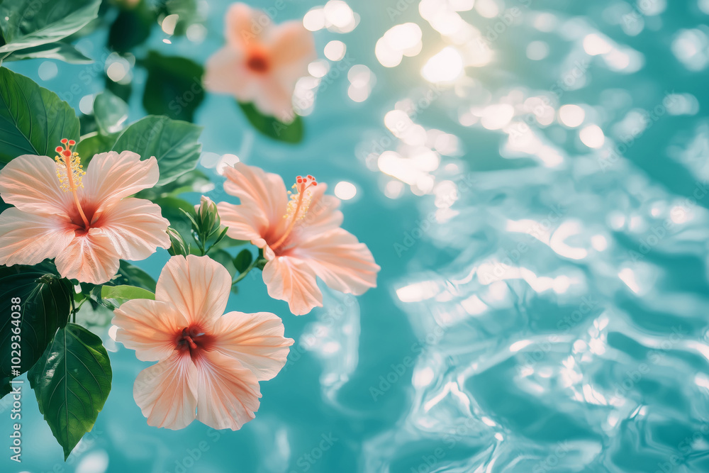 Delicate pink hibiscus flowers on the background of blue pool water Delicate pink hibiscus flowers on the background of blue pool water