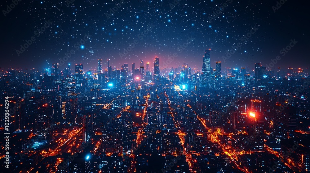 Fototapeta premium Smart city with glowing network and urban skyline at night