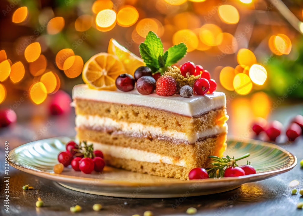 Colorful Cake Slice with Tempting Icing and Fruits Colorful Cake Slice with Tempting Icing and Fruits