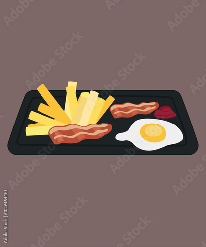 Flat Design Illustration with Food Bacon and Egg, French Potato,Ketchup 