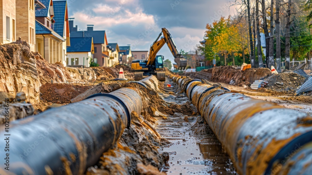 Excavated Roadway with Large Pipes and a Yellow Excavator Excavated Roadway with Large Pipes and a Yellow Excavator
