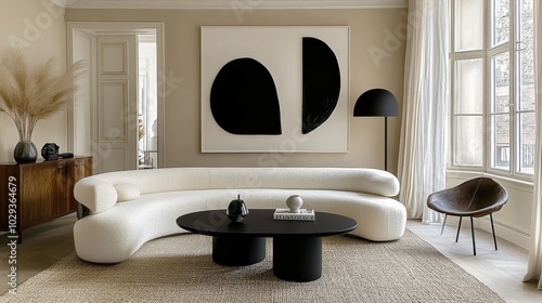 Minimalist living room, curved white sofa, black round coffee table, abstract black shape artwork, beige walls, sisal rug, black table lamp, dried pampas grass, window with sheer curtains, monochromat photo