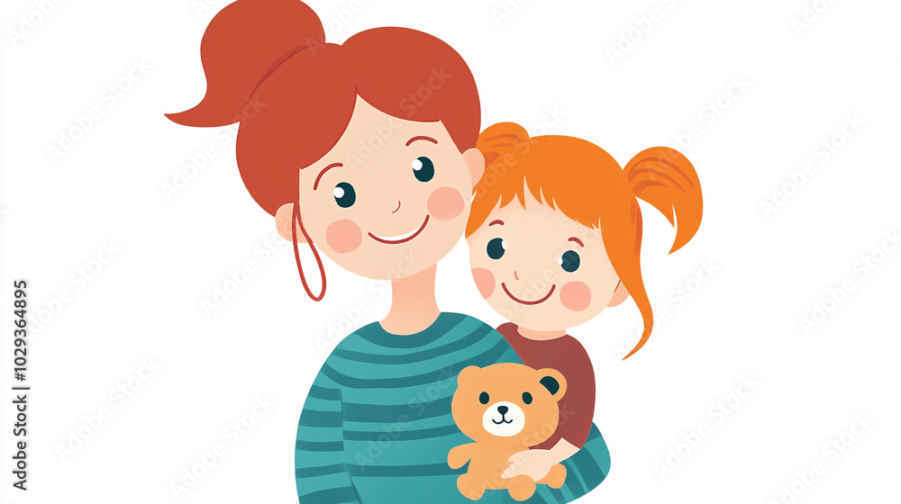 Happy Mother and Daughter Holding Teddy Bear Cartoon Illustration Happy Mother and Daughter Holding Teddy Bear Cartoon Illustration