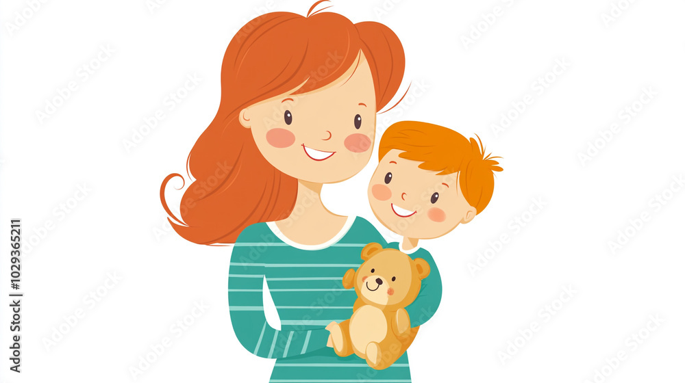 Happy Mother and Son Holding Teddy Bear Illustration Happy Mother and Son Holding Teddy Bear Illustration