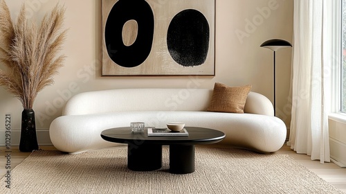 Minimalist living room, curved white sofa, black round coffee table, abstract black shape artwork, beige walls, sisal rug, black table lamp, dried pampas grass, window with sheer curtains, monochromat photo