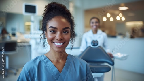 A smiling healthcare professional in scrubs at a modern dental clinic during daylight hours