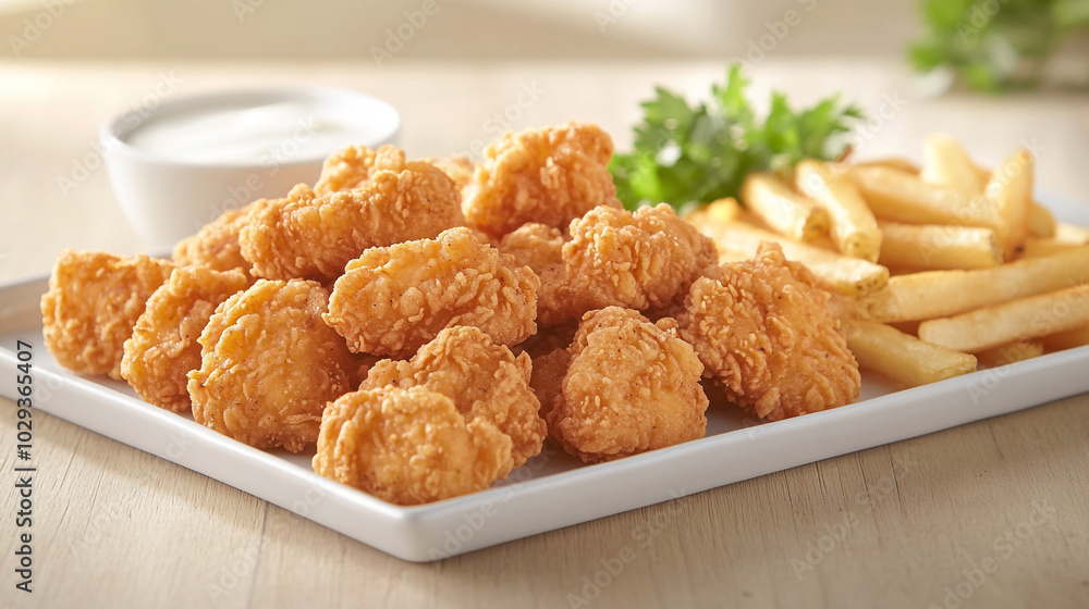 Crispy Chicken Bites with French Fries and Dip Fast Food Dinner Crispy Chicken Bites with French Fries and Dip Fast Food Dinner