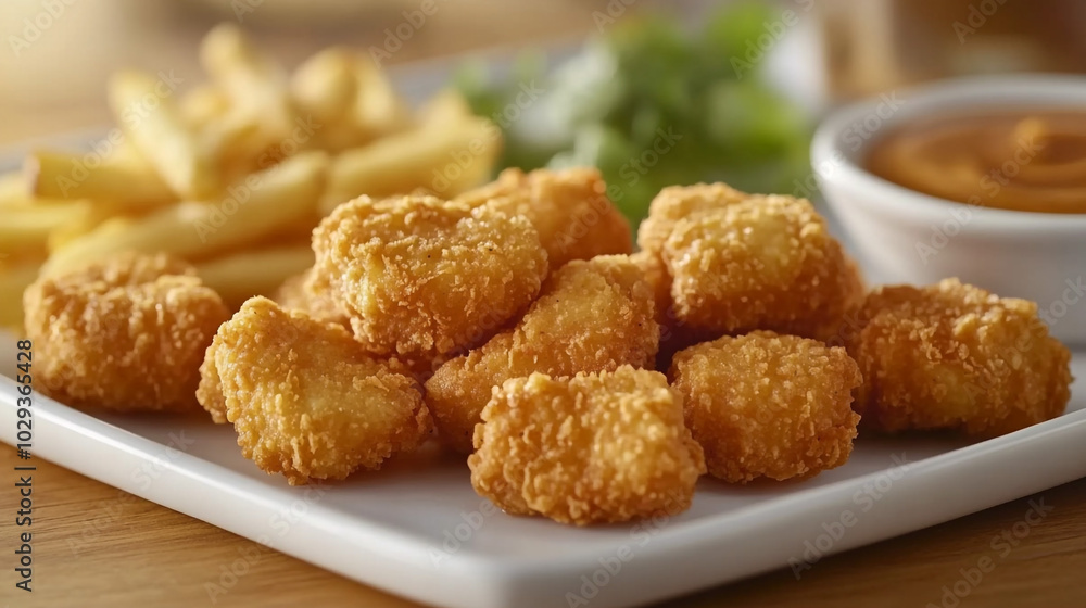 Crispy Fried Chicken Bites with French Fries and Sauce Crispy Fried Chicken Bites with French Fries and Sauce