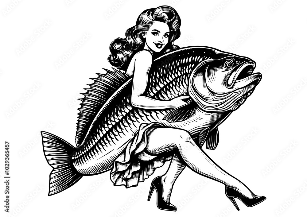 pin-up woman hugging a giant carp fish, playful and surreal sketch engraving generative ai fictional character PNG illustration. Scratch board imitation. Black and white image. pin-up woman hugging a giant carp fish, playful and surreal sketch engraving generative ai fictional character PNG illustration. Scratch board imitation. Black and white image.