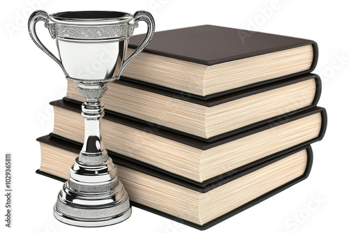 Award trophy beside stacked books on a white isolated background. isolated on transparent background. photo