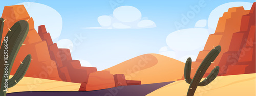 Desert landscape with rocks, cliffs and road with blue sky.