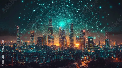 Wallpaper Mural Futuristic smart city with vivid digital communication network Torontodigital.ca