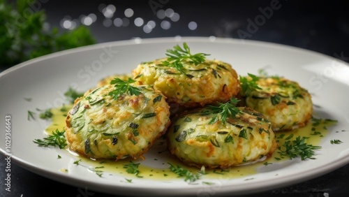 Vegetarian dish: zucchini fritters with fresh herbs.