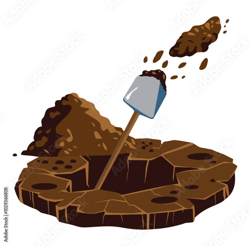 Digging a hole for a grave or excavation in the desert. Cartoon flat illustration with a pile of dirt, stones, and a shovel on a white background. Ideal for funeral and construction-themed designs.