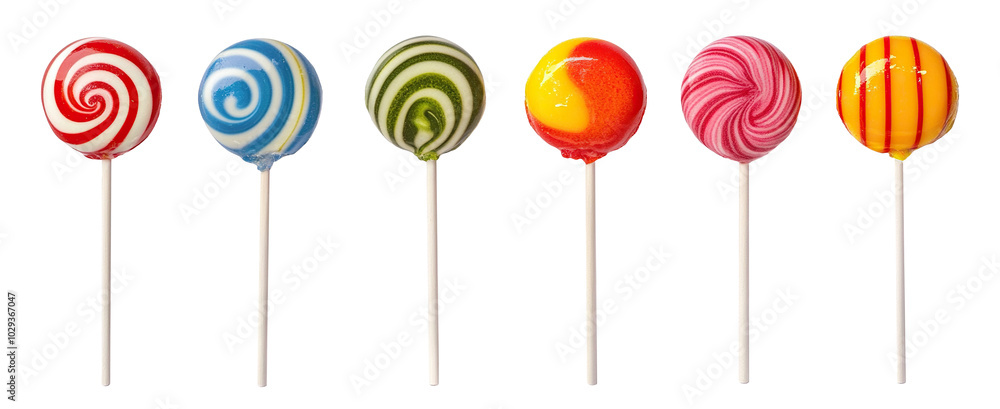 Set of colorful lollipops on sticks, isolated on transparent cutout background Set of colorful lollipops on sticks, isolated on transparent cutout background