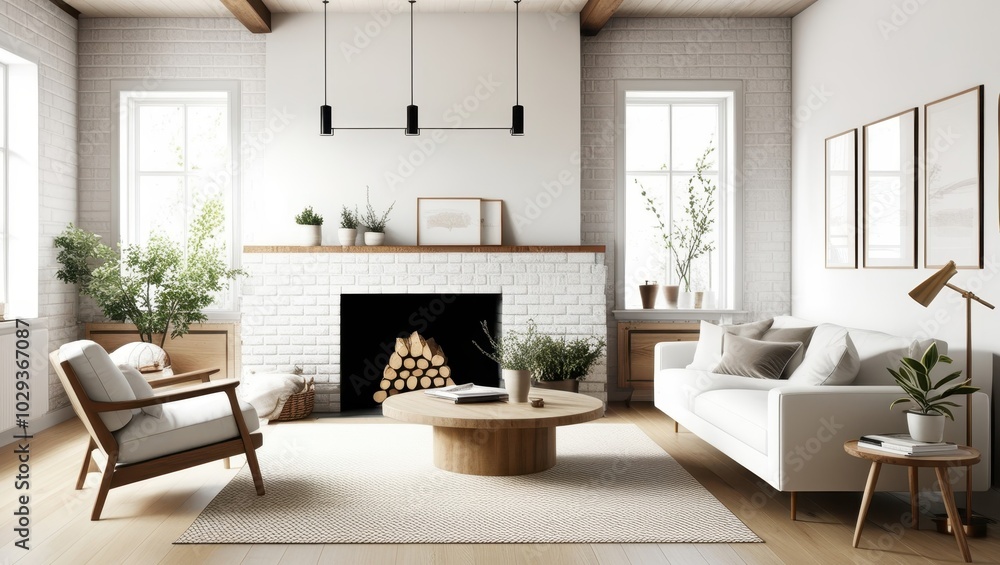Cozy modern living room, minimalist Scandinavian design, white brick walls, large windows, natural light, fireplace with stacked firewood, comfortable white sofa, wooden armchair, round wooden coffee Cozy modern living room, minimalist Scandinavian design, white brick walls, large windows, natural light, fireplace with stacked firewood, comfortable white sofa, wooden armchair, round wooden coffee