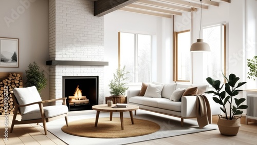 Cozy modern living room, minimalist Scandinavian design, white brick walls, large windows, natural light, fireplace with stacked firewood, comfortable white sofa, wooden armchair, round wooden coffee 