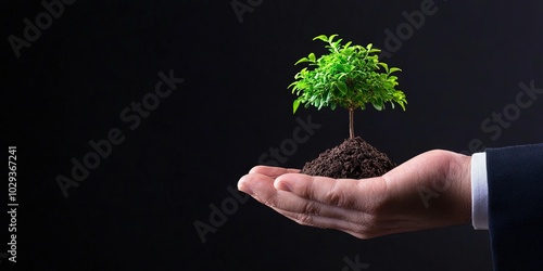 hand holding tree, solid background