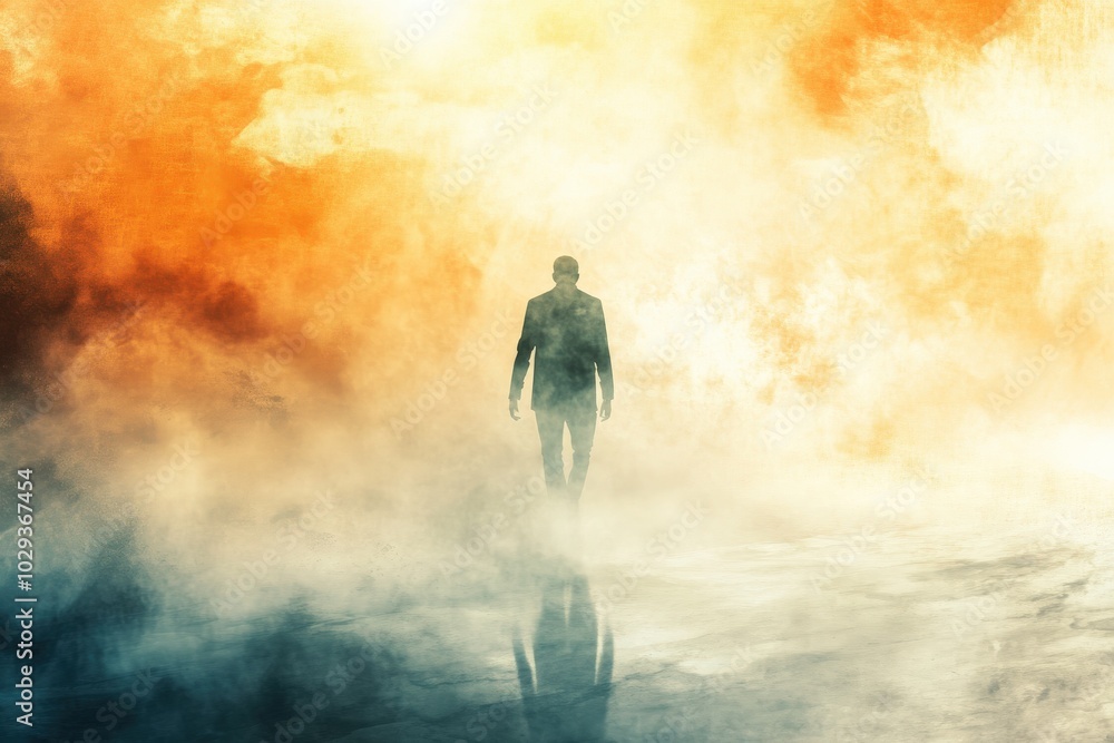 Fototapeta premium Disappearing. Surreal Illustration of a Man Evaporating into Fog, Abstract Concept