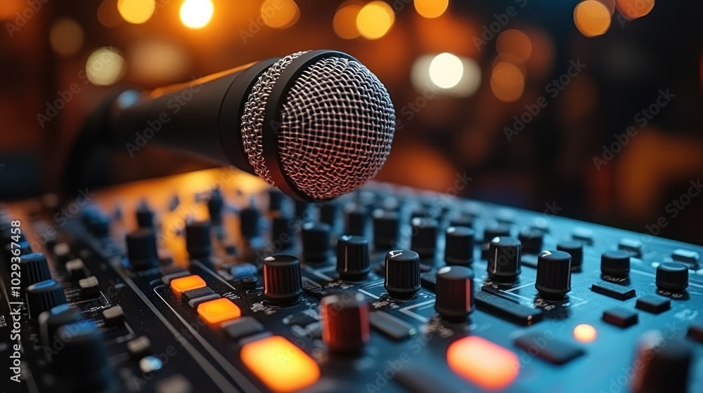 A close-up of a microphone on a sound mixer, highlighting audio equipment in a performance setting. A close-up of a microphone on a sound mixer, highlighting audio equipment in a performance setting.