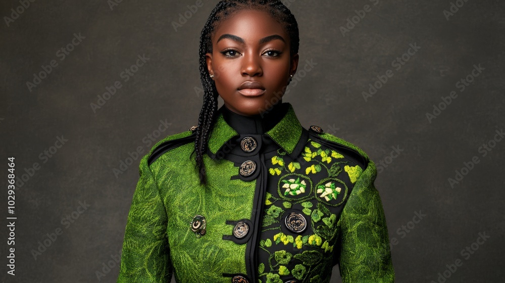 Grace in Green: Portrait of a Confident Black Woman in a Stylish Green Jacket Grace in Green: Portrait of a Confident Black Woman in a Stylish Green Jacket
