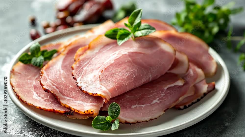 A plate of sliced ham with fresh herbs on a grey background A plate of sliced ham with fresh herbs on a grey background