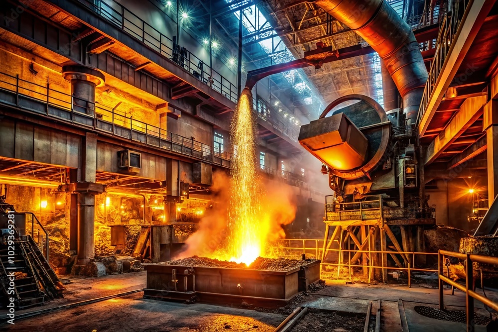 Glowing Molten Metal in Industrial Night Scene - Captivating Night Photography for Industrial Aesthetics Glowing Molten Metal in Industrial Night Scene - Captivating Night Photography for Industrial Aesthetics